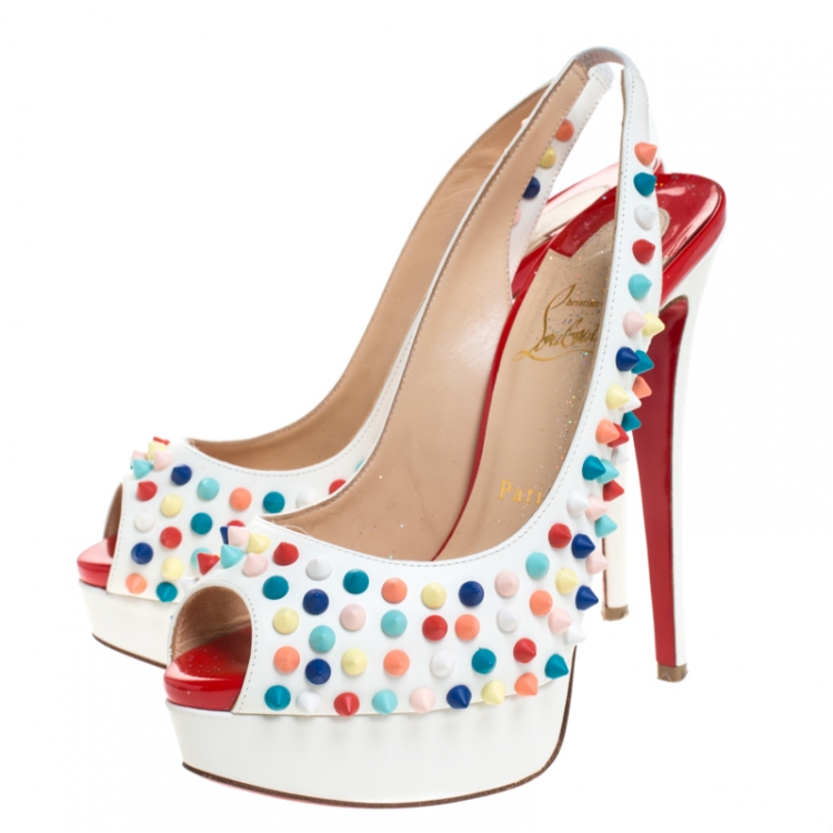 Pre Owned Christian Louboutin White Leather Lady Peep Multicolor Spikes Slingback Sandals Size 37