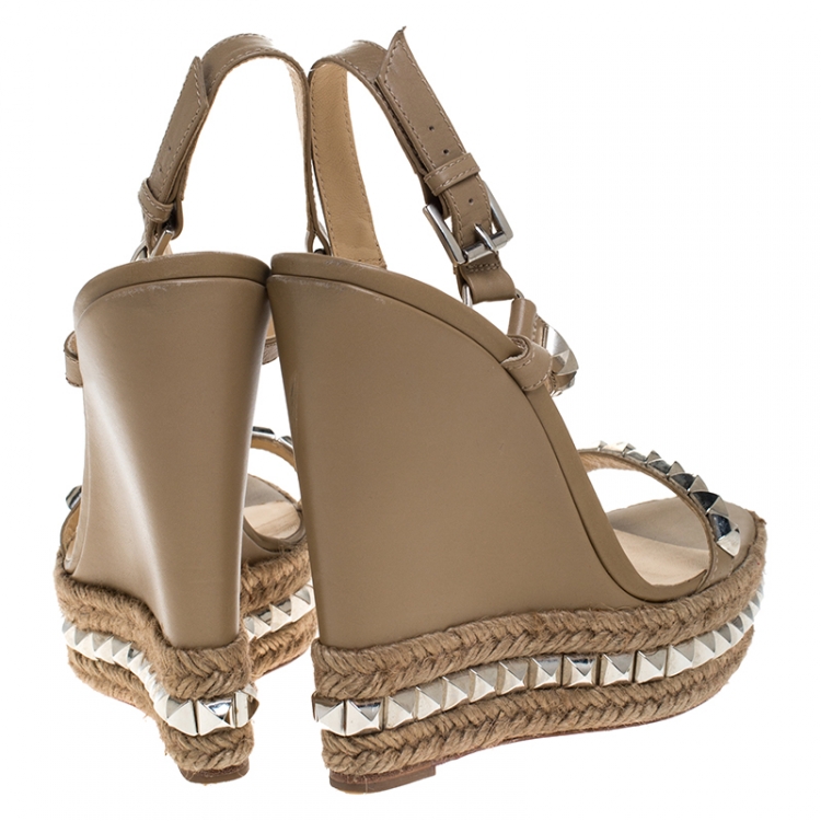 Pre Owned Christian Louboutin Khaki Studded Leather Cataclou Espadrille Wedge Sandals Size 40
