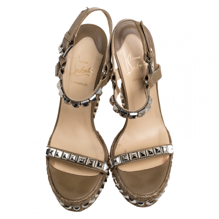 Pre Owned Christian Louboutin Khaki Studded Leather Cataclou Espadrille Wedge Sandals Size 40