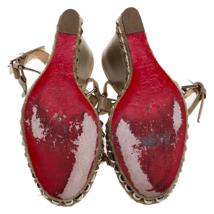 Pre Owned Christian Louboutin Khaki Studded Leather Cataclou Espadrille Wedge Sandals Size 40