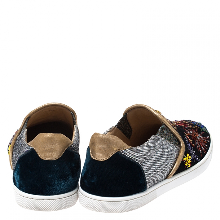 Pre Owned Christian Louboutin Multicolor Suede and Velvet Master Key On Fire Slip On Sneakers Size 38.5
