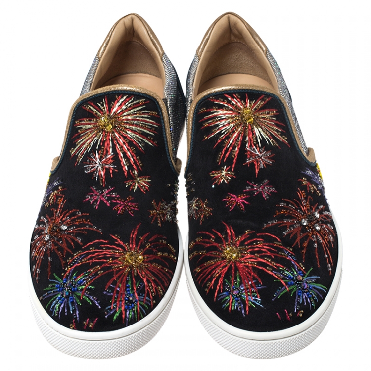 Pre Owned Christian Louboutin Multicolor Suede and Velvet Master Key On Fire Slip On Sneakers Size 38.5