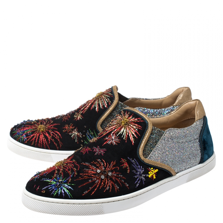 Pre Owned Christian Louboutin Multicolor Suede and Velvet Master Key On Fire Slip On Sneakers Size 38.5
