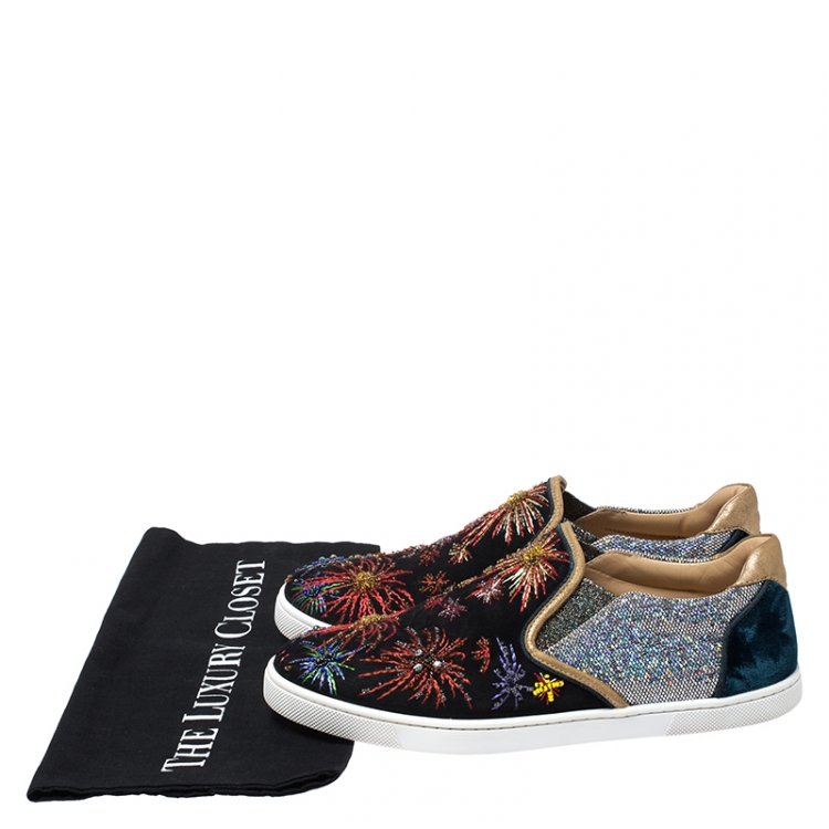 Pre Owned Christian Louboutin Multicolor Suede and Velvet Master Key On Fire Slip On Sneakers Size 38.5