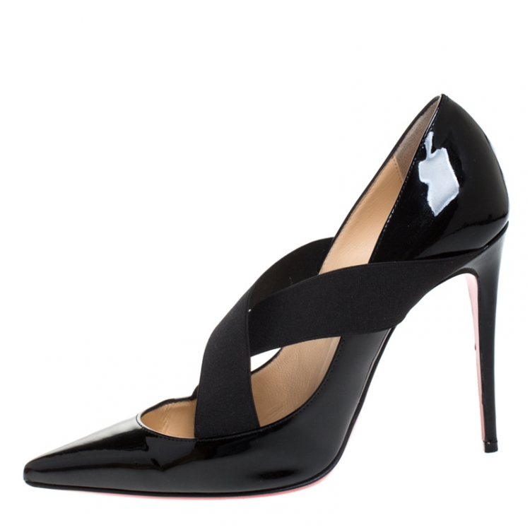 Pre Owned Christian Louboutin Black Patent Leather Sharpstagram Cross Strap Pointed Toe Pumps Size 37.5