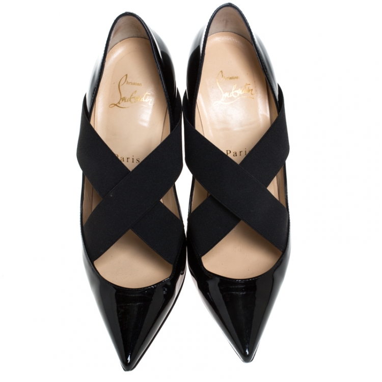 Pre Owned Christian Louboutin Black Patent Leather Sharpstagram Cross Strap Pointed Toe Pumps Size 37.5