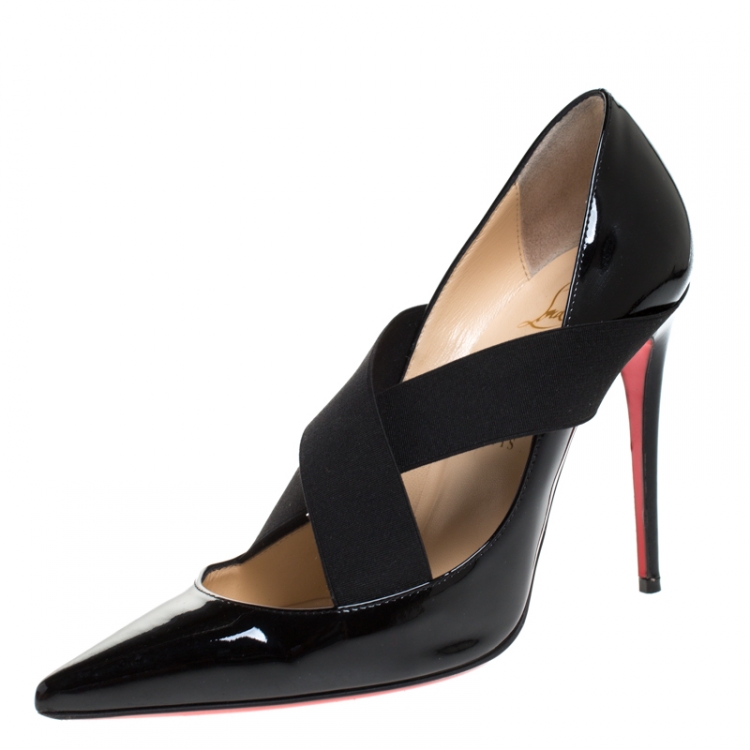 Pre Owned Christian Louboutin Black Patent Leather Sharpstagram Cross Strap Pointed Toe Pumps Size 37.5