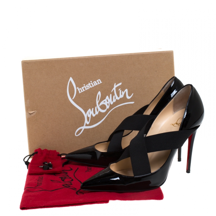 Pre Owned Christian Louboutin Black Patent Leather Sharpstagram Cross Strap Pointed Toe Pumps Size 37.5