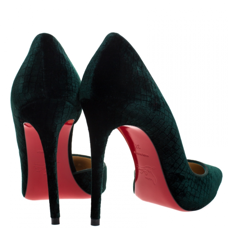 Pre Owned Christian Louboutin Dark Green Textured Velvet Iriza Pointed Toe D'orsay Pumps Size 37