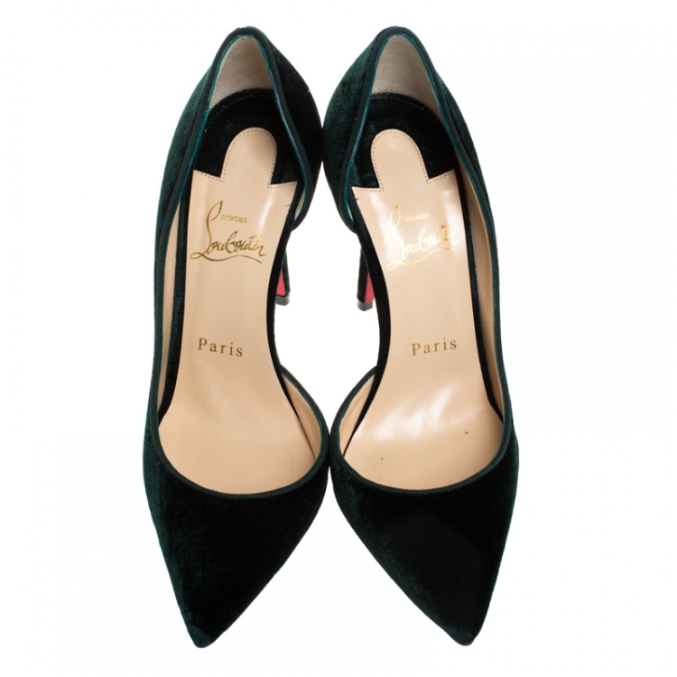 Pre Owned Christian Louboutin Dark Green Textured Velvet Iriza Pointed Toe D'orsay Pumps Size 37