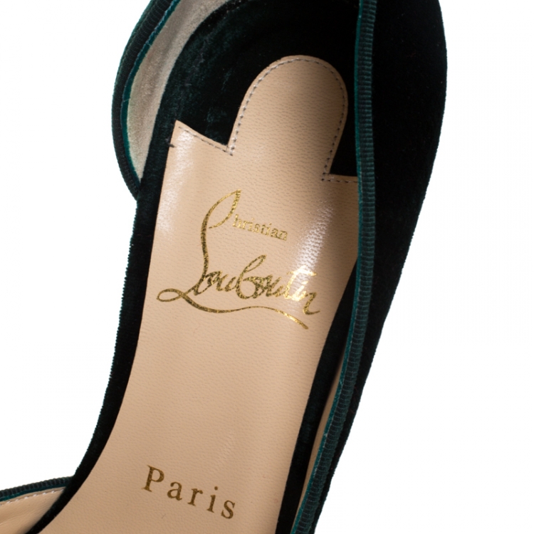 Pre Owned Christian Louboutin Dark Green Textured Velvet Iriza Pointed Toe D'orsay Pumps Size 37