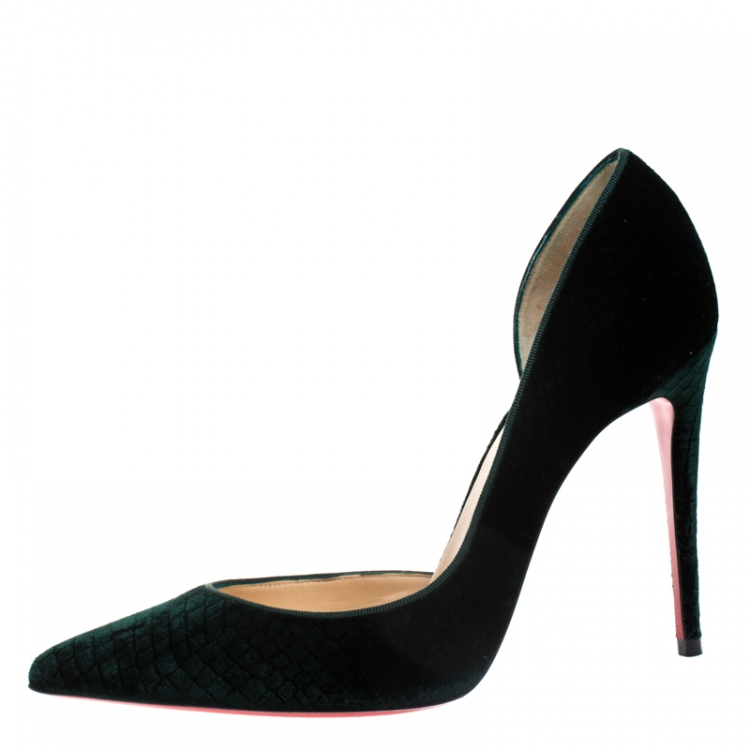 Pre Owned Christian Louboutin Dark Green Textured Velvet Iriza Pointed Toe D'orsay Pumps Size 37