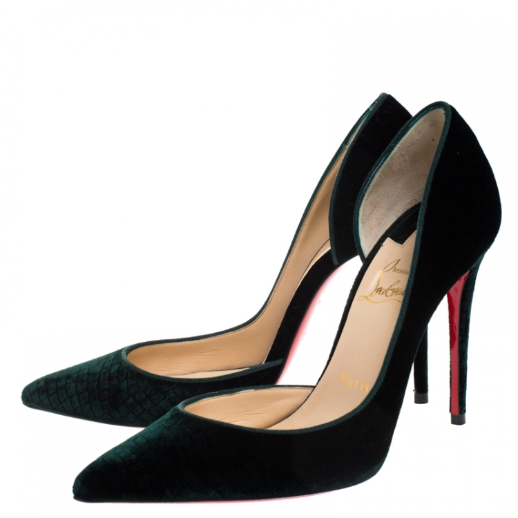 Pre Owned Christian Louboutin Dark Green Textured Velvet Iriza Pointed Toe D'orsay Pumps Size 37