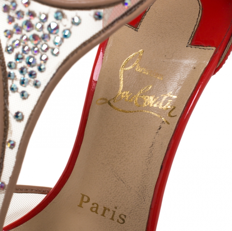 Pre Owned Christian Louboutin Beige Mesh And Patent Leather Embellished Salopatina T-Strap Pointed Toe Sandals Size 35