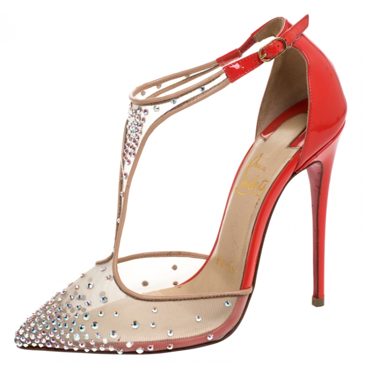 Pre Owned Christian Louboutin Beige Mesh And Patent Leather Embellished Salopatina T-Strap Pointed Toe Sandals Size 35