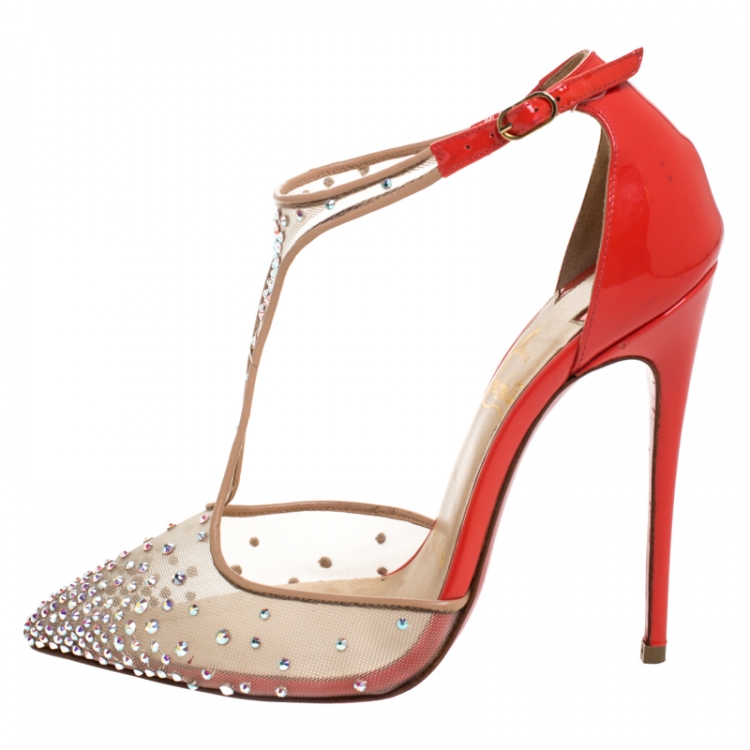 Pre Owned Christian Louboutin Beige Mesh And Patent Leather Embellished Salopatina T-Strap Pointed Toe Sandals Size 35