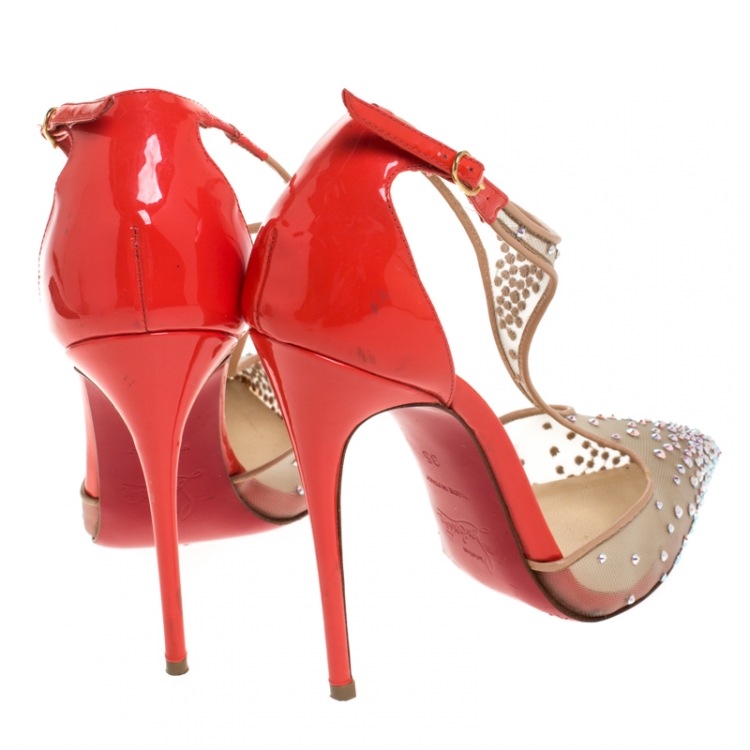 Pre Owned Christian Louboutin Beige Mesh And Patent Leather Embellished Salopatina T-Strap Pointed Toe Sandals Size 35