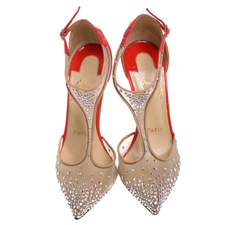 Pre Owned Christian Louboutin Beige Mesh And Patent Leather Embellished Salopatina T-Strap Pointed Toe Sandals Size 35