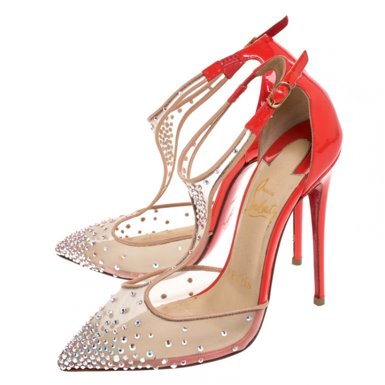 Pre Owned Christian Louboutin Beige Mesh And Patent Leather Embellished Salopatina T-Strap Pointed Toe Sandals Size 35