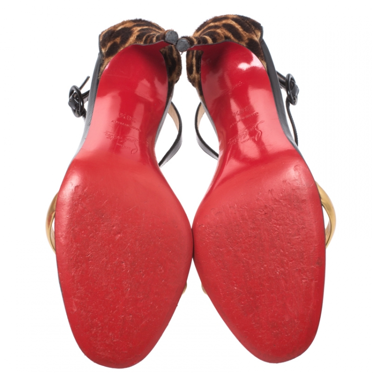 Pre Owned Christian Louboutin Leopard Print Pony Hair And Patent Leather Athena Alta T-Strap Open Toe Sandals Size 38.5