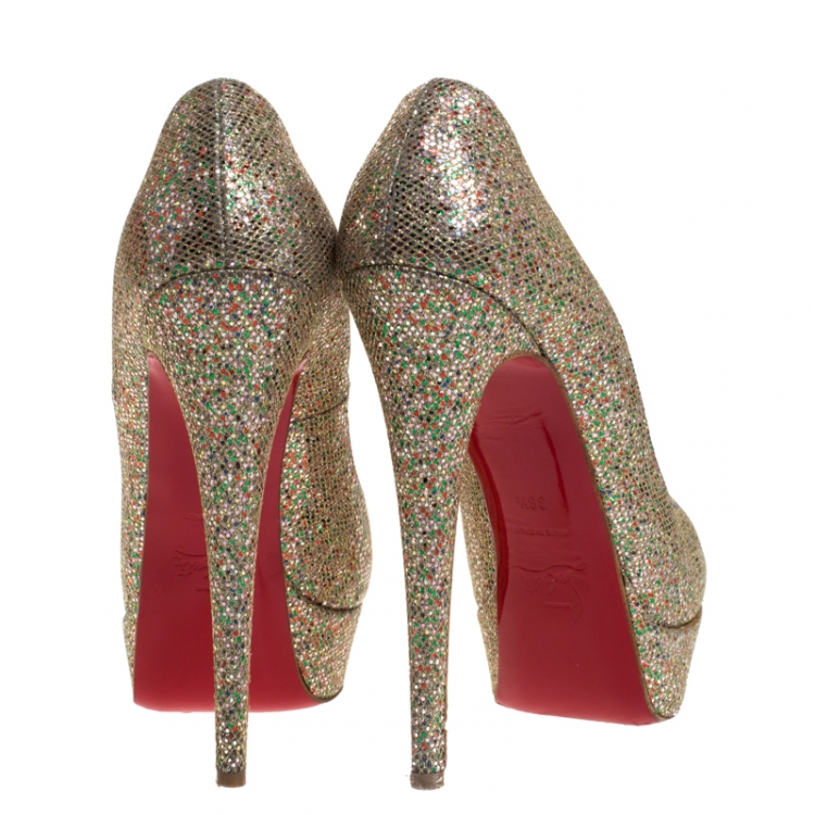 Pre Owned Christian Louboutin Multicolor Glitter Fabric Lady Peep Platform Pumps Size 38.5