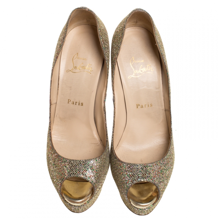 Pre Owned Christian Louboutin Multicolor Glitter Fabric Lady Peep Platform Pumps Size 38.5
