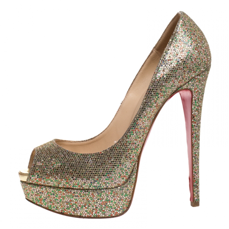 Pre Owned Christian Louboutin Multicolor Glitter Fabric Lady Peep Platform Pumps Size 38.5