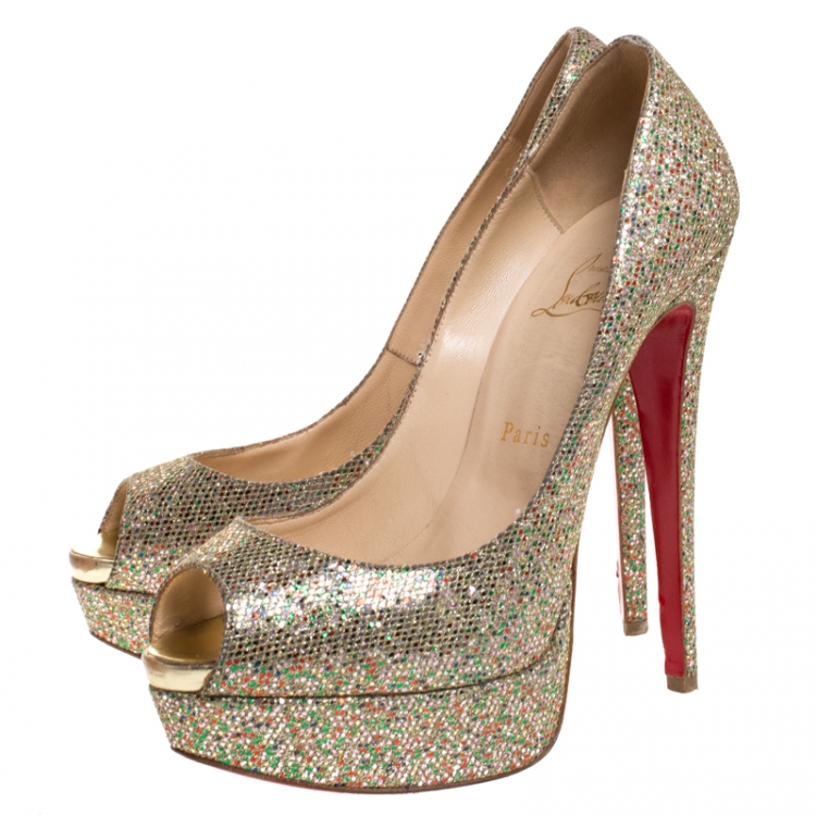 Pre Owned Christian Louboutin Multicolor Glitter Fabric Lady Peep Platform Pumps Size 38.5
