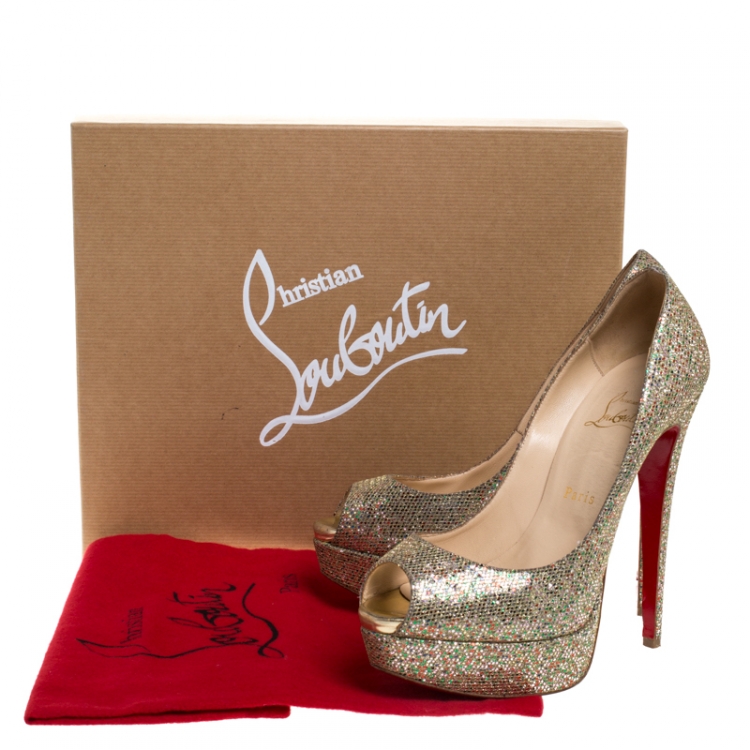 Pre Owned Christian Louboutin Multicolor Glitter Fabric Lady Peep Platform Pumps Size 38.5