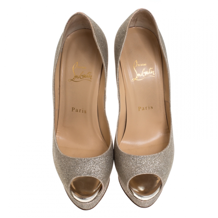 Pre Owned Christian Louboutin Silver Glitter Lady Peep Toe Platform Pumps Size 38.5