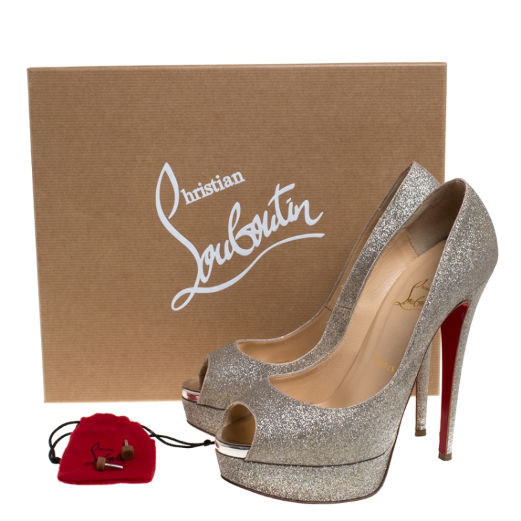 Pre Owned Christian Louboutin Silver Glitter Lady Peep Toe Platform Pumps Size 38.5