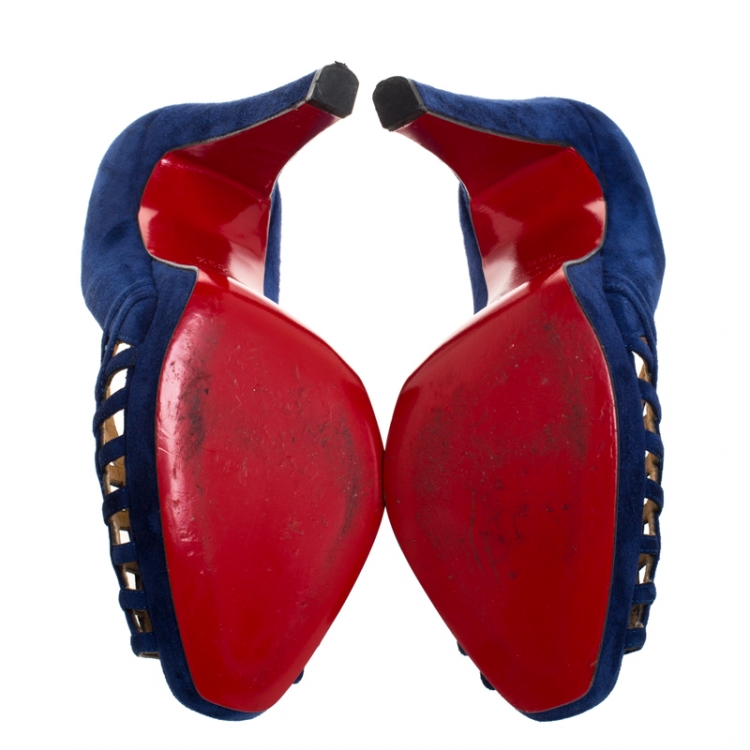 Pre Owned Christian Louboutin Blue Cutout Suede Peep Toe Platform Pumps Size 39.5