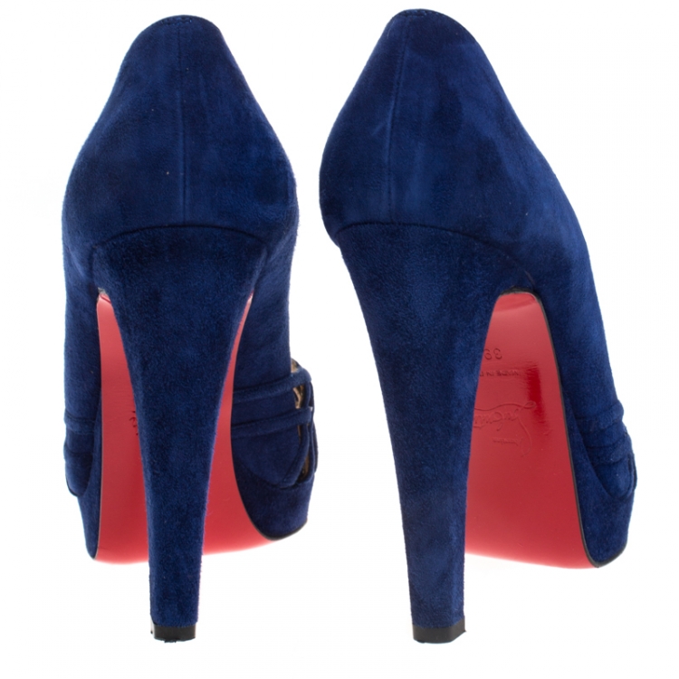 Pre Owned Christian Louboutin Blue Cutout Suede Peep Toe Platform Pumps Size 39.5
