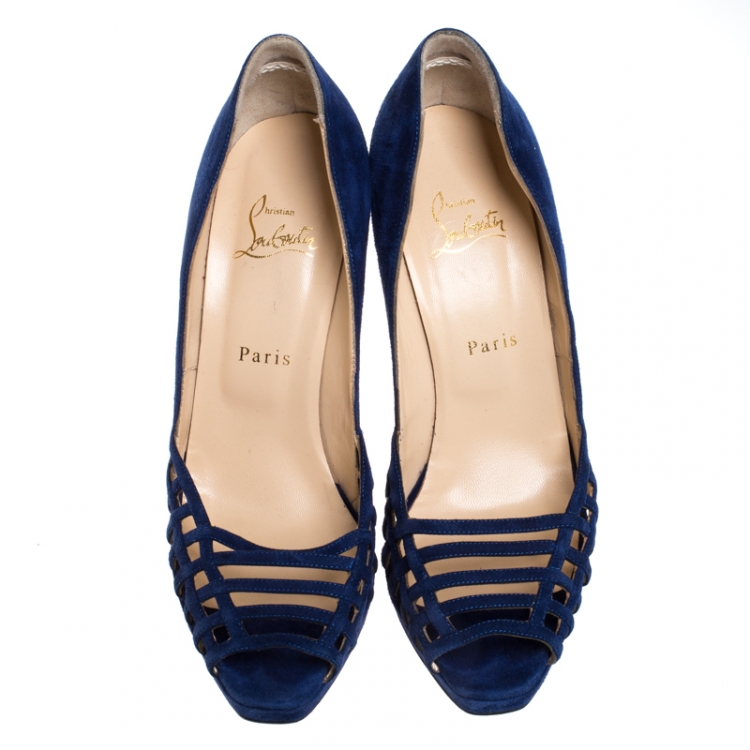 Pre Owned Christian Louboutin Blue Cutout Suede Peep Toe Platform Pumps Size 39.5