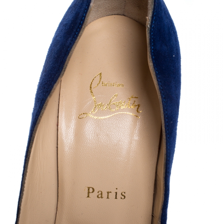 Pre Owned Christian Louboutin Blue Cutout Suede Peep Toe Platform Pumps Size 39.5