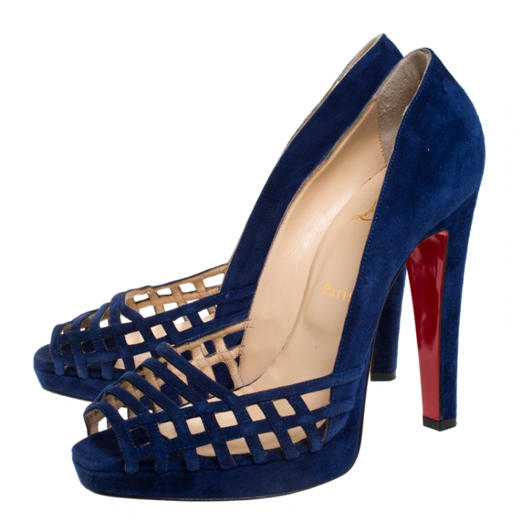 Pre Owned Christian Louboutin Blue Cutout Suede Peep Toe Platform Pumps Size 39.5