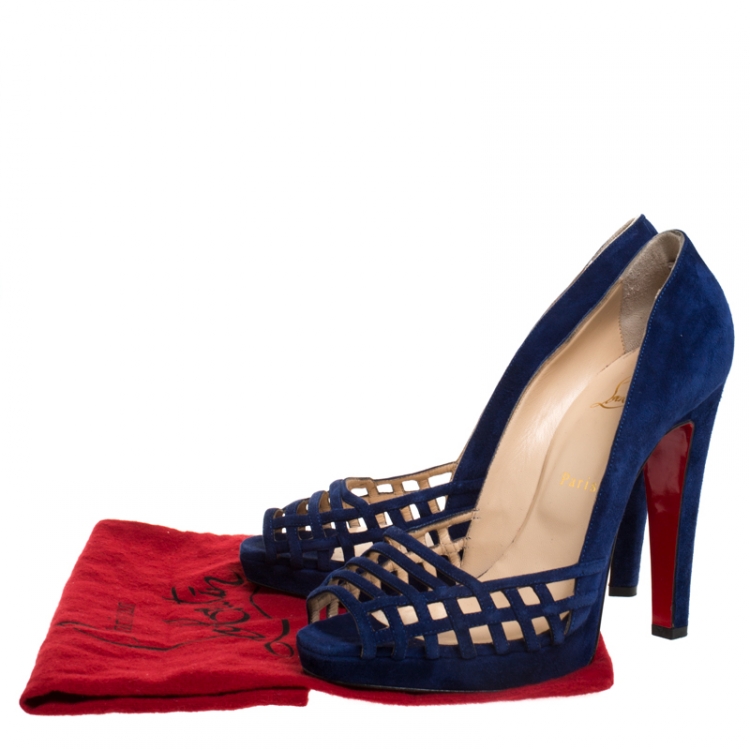 Pre Owned Christian Louboutin Blue Cutout Suede Peep Toe Platform Pumps Size 39.5