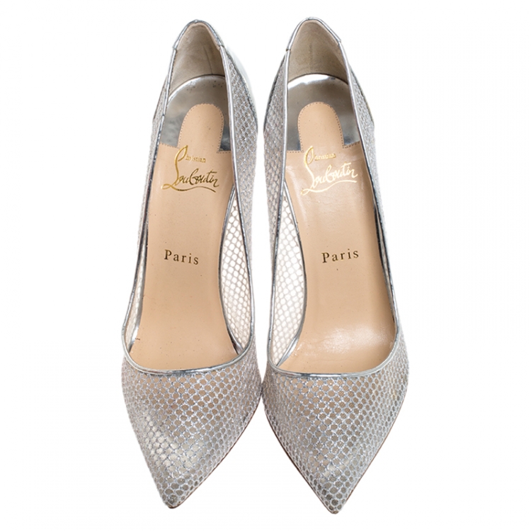 Pre Owned Christian Louboutin Silver Mesh Follies Resille Pointed Toe Pumps Size 41
