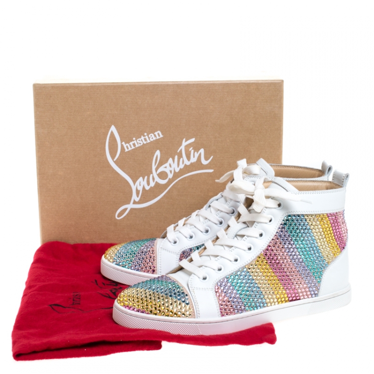 Pre Owned Christian Louboutin White Crystal Embellished  Suede Leather Louis High Top Sneakers Size 37 