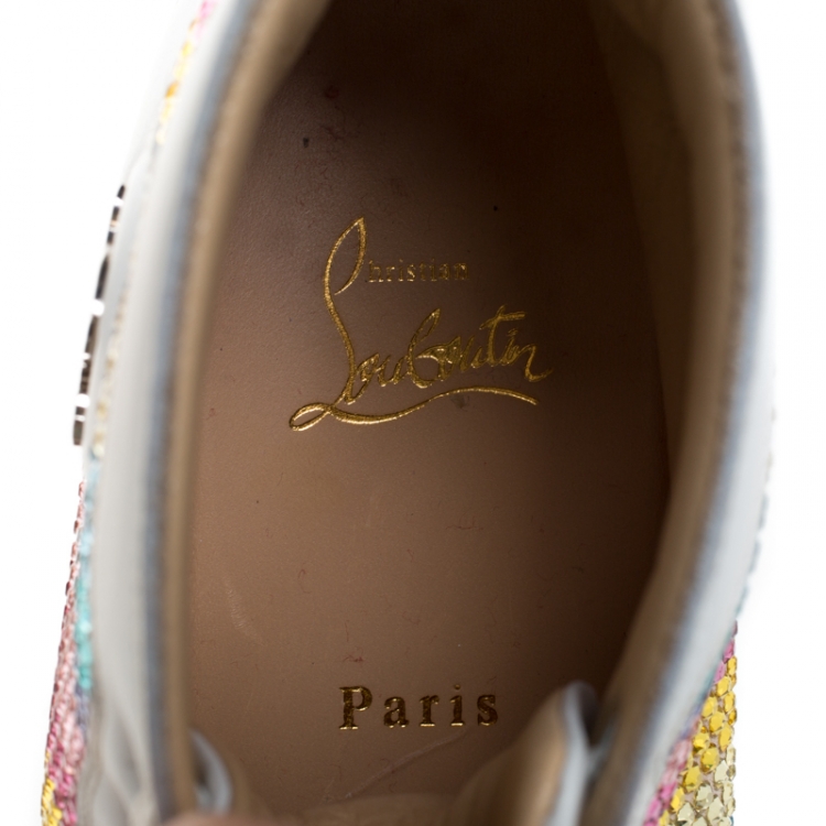 Pre Owned Christian Louboutin White Crystal Embellished  Suede Leather Louis High Top Sneakers Size 37 