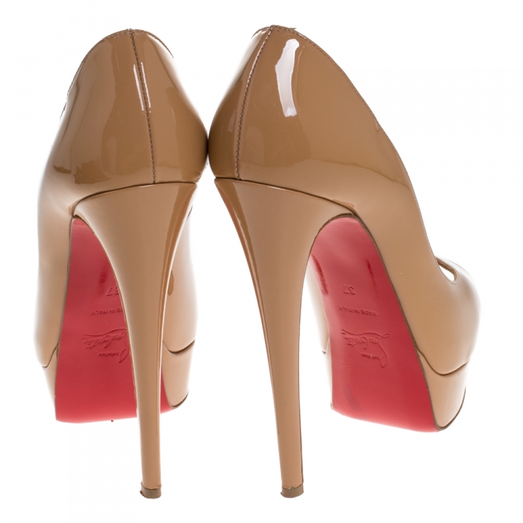 Pre Owned Christian Louboutin Beige Patent Leather Lady Peep Toe Platform Pumps Size 37