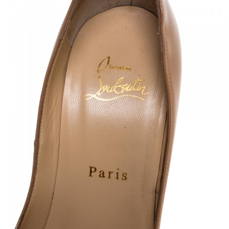 Pre Owned Christian Louboutin Beige Patent Leather Lady Peep Toe Platform Pumps Size 37