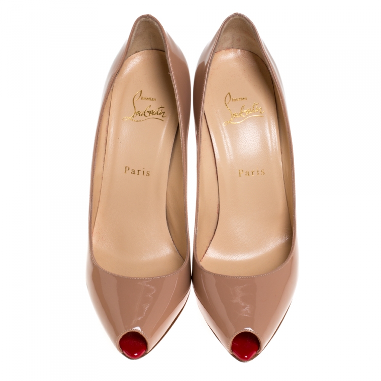 Pre Owned Christian Louboutin Beige Patent Leather Tibur Peep Toe Pumps Size 39