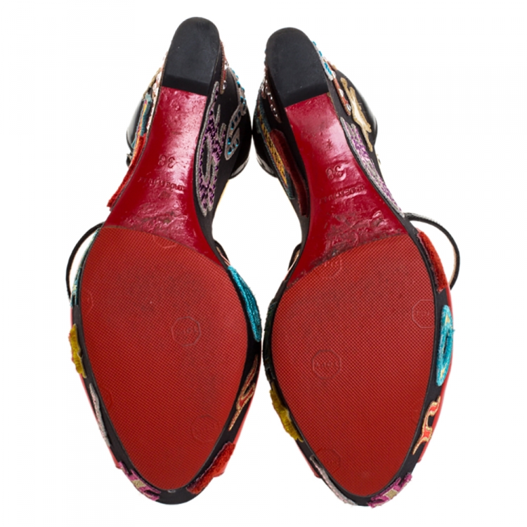 Pre Owned Christian Louboutin Red/Black Patent Leather Loubi Zeppa Crisscross Strass Wedge Platform Sandals Size 38