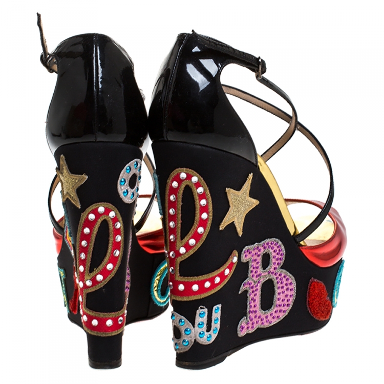 Pre Owned Christian Louboutin Red/Black Patent Leather Loubi Zeppa Crisscross Strass Wedge Platform Sandals Size 38
