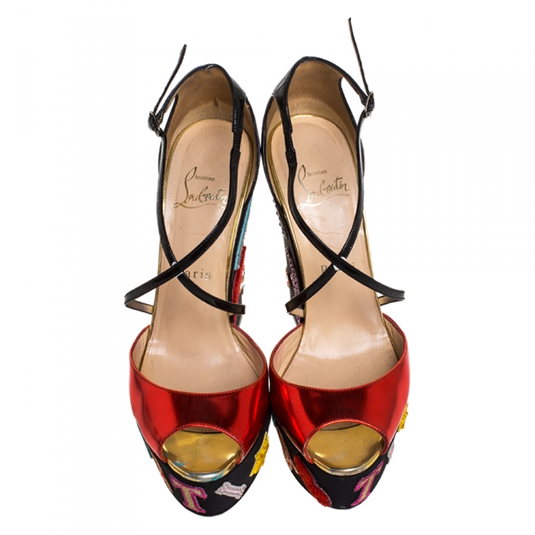 Pre Owned Christian Louboutin Red/Black Patent Leather Loubi Zeppa Crisscross Strass Wedge Platform Sandals Size 38