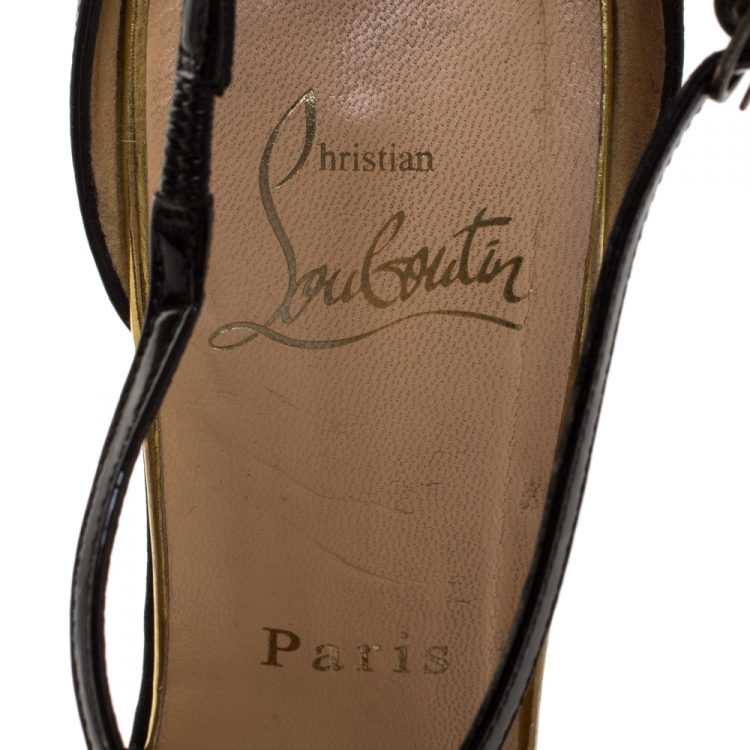 Pre Owned Christian Louboutin Red/Black Patent Leather Loubi Zeppa Crisscross Strass Wedge Platform Sandals Size 38