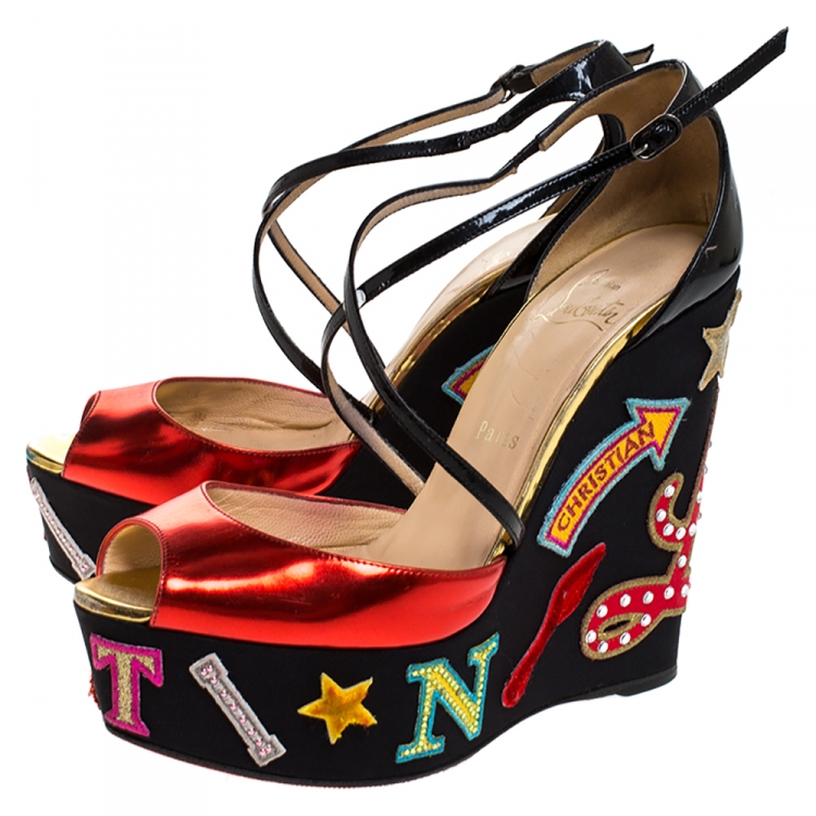 Pre Owned Christian Louboutin Red/Black Patent Leather Loubi Zeppa Crisscross Strass Wedge Platform Sandals Size 38
