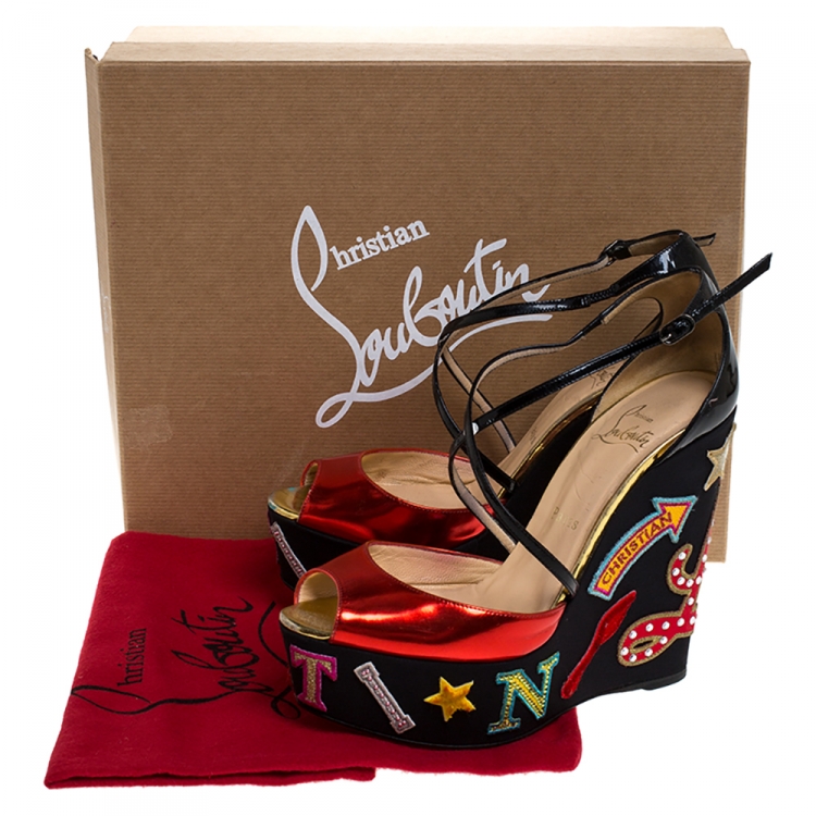 Pre Owned Christian Louboutin Red/Black Patent Leather Loubi Zeppa Crisscross Strass Wedge Platform Sandals Size 38