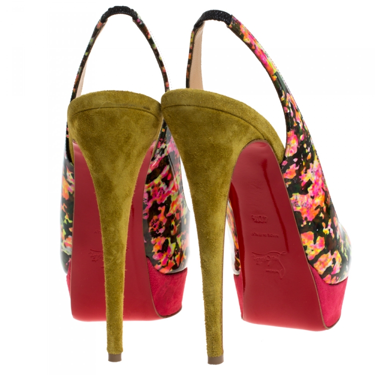 Pre Owned Christian Louboutin Multicolor Granite Print Patent Leather and Suede Lady Peep Toe Platform Pumps Size 40.5